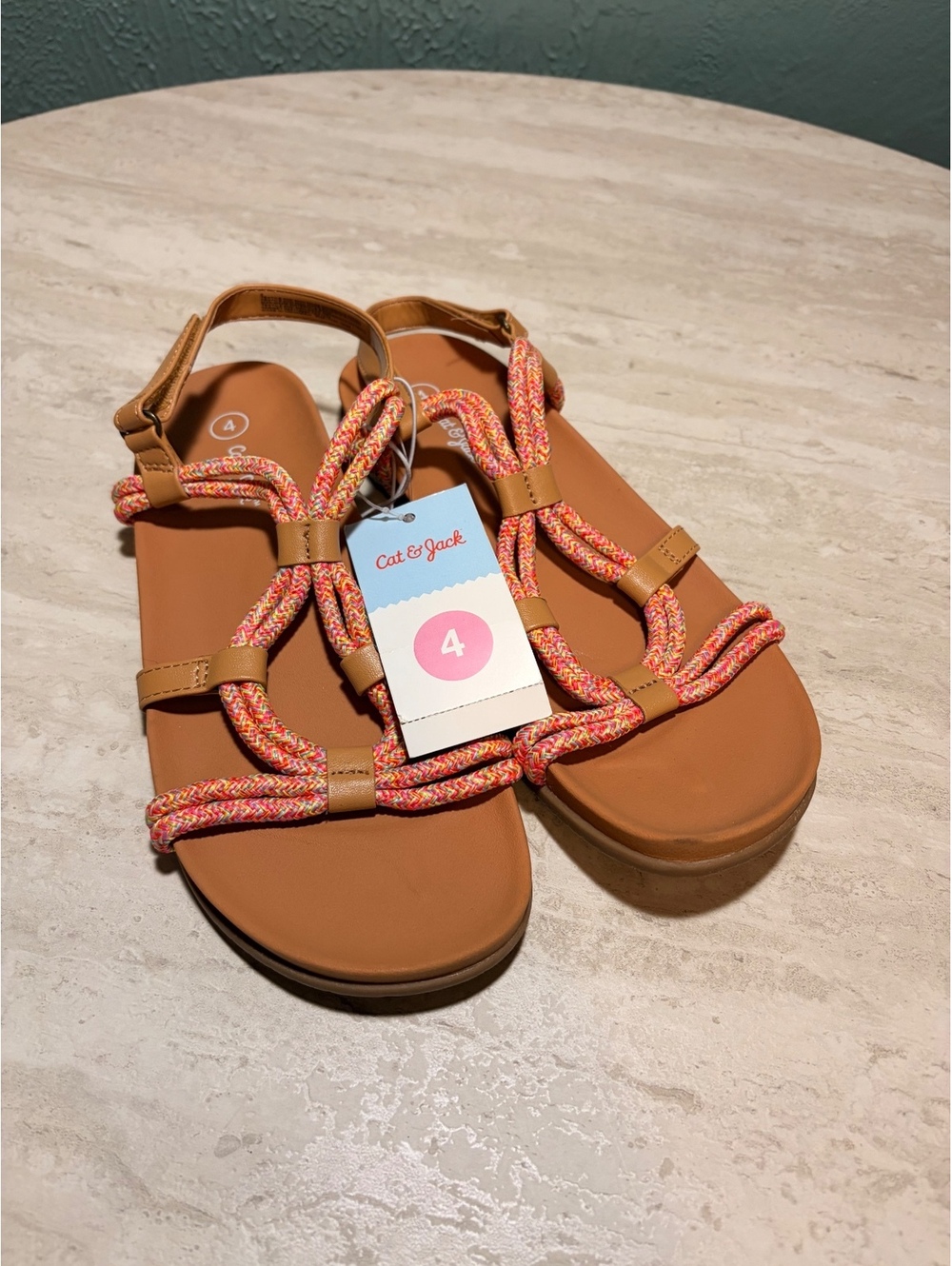 Cat & Jack Girls' Sandals Size 4 Brown with Pink and Orange Rope Straps